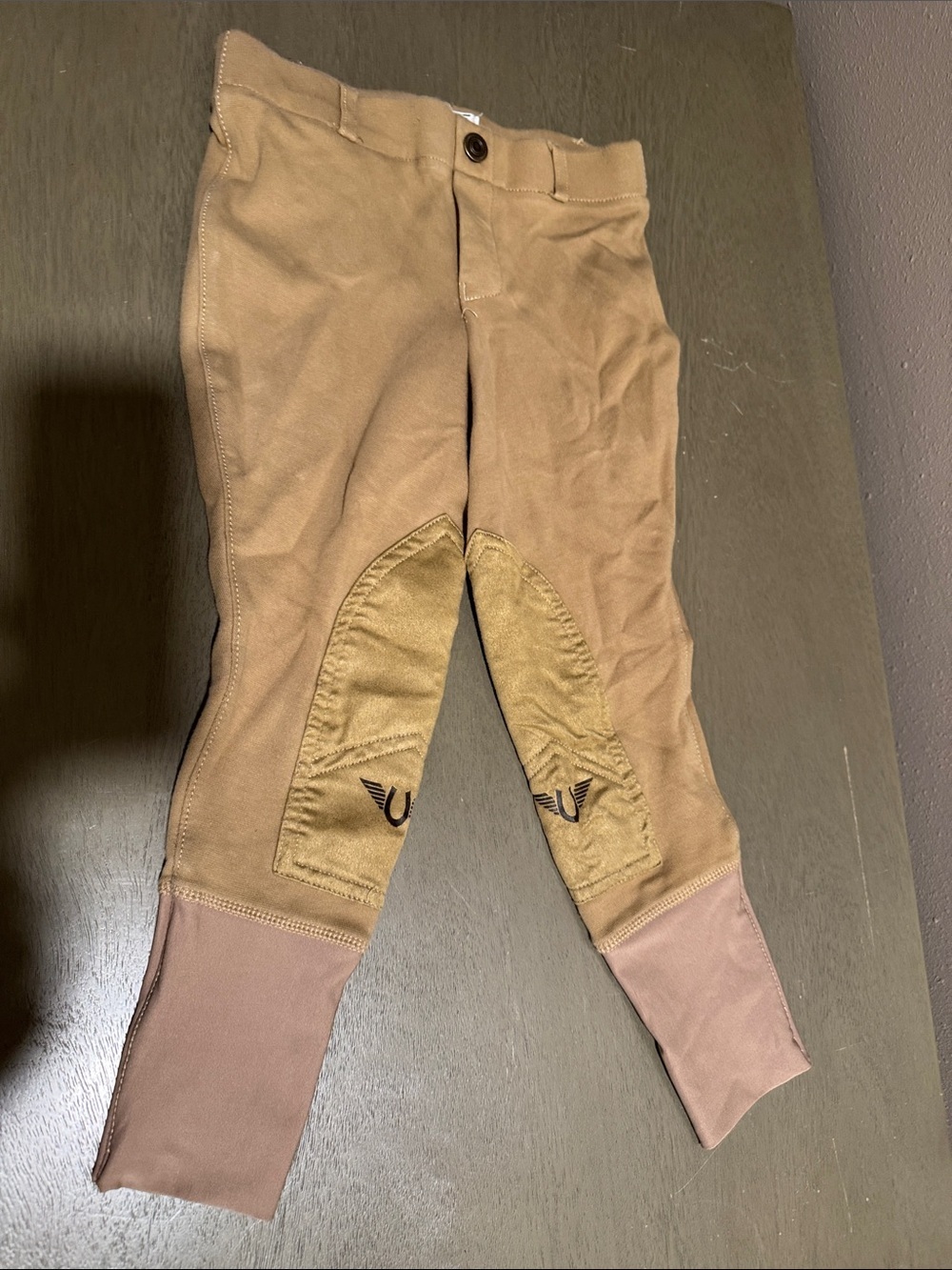 Tuffrider Girls Tan Riding Breaches with Calf Patches and Ribbed Ankles size 8